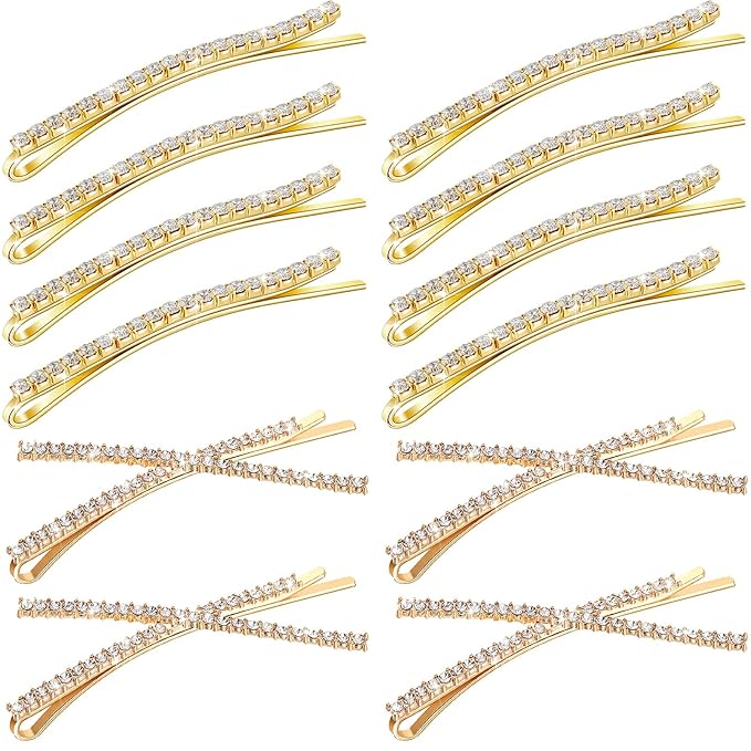 12 Pieces Rhinestone Bobby Pins Decorative Fancy Crystal Hair Clips Shiny Metal X Shaped Barrettes Bling Diamond Wedding Bridal Shower Hair Accessories for Women Ladies Girls (Gold)