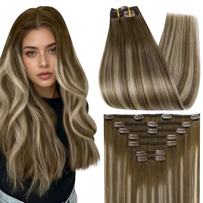 Full Shine Brown Blonde Clip in Hair Extensions Chestnut Brown Ombre Blonde Color 6/60/6 Real Hair Extensions Clip ins 22 Inch Straight Clip in Remy Hair 7 Pcs 120 G