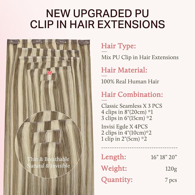 DOORES Clip in Hair Extensions Set 20 Inch 120g, 4pcs Invisi Edge Clip ins and 3pcs Classic Seamless Clip ins, Injected Virgin Real Human Hair Extensions Natural Invisible Straight, #1