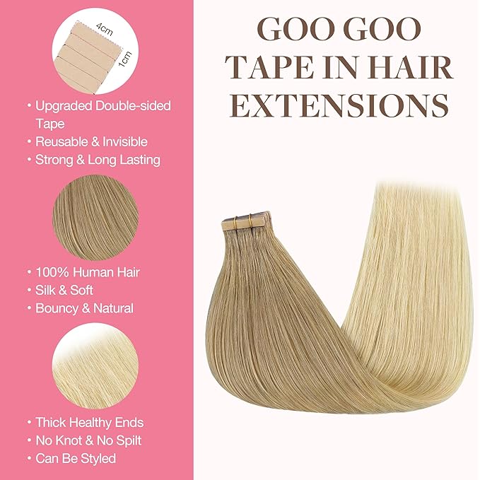 GOO GOO Tape in Hair Extensions Human Hair, O18G/22G Ombre Beige Blonde with Ash Highlights, 24inch 50g 20pcs, Skin Weft Seamless Invisible, Silky Straight with Thick Ends, Remy Human Hair