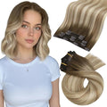 Moresoo Human Hair Clip in Extensions Ombre Cool Brown to Medium Blonde with Light Brown Clip in Hair Extensions Short Real Human Hair Clip ins Double Weft 80g/5pcs 14 inch