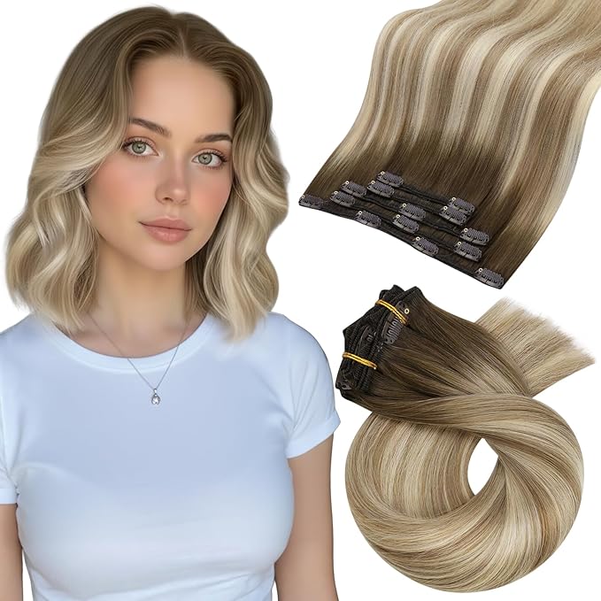 Moresoo Clip in Hair Extensions Remy Double Weft Human Hair Clip in Extensions Balayage Straight Hair Extensions for Women Ombre Brown to Light Brown with Blonde 5pcs 80g 12inch