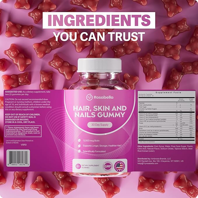Rosabella® Hair Growth Vitamin Gummies [60 Gummies] Biotin for Faster Hair Growth Women & Men - Nail, Skin (5.000mcg Biotin) (60 Count (Pack of 3))