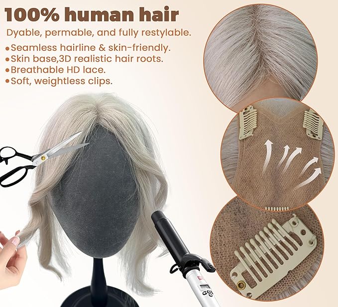 8x11cm Breathable Hair Topper, 12 inches 35g 120% Density Real Human Hair, 3 Non-Slip BB Clips, Wearable on Left, Right & Middle Part, Versatile Styling for Hair Loss & Volume Boost (Grey)