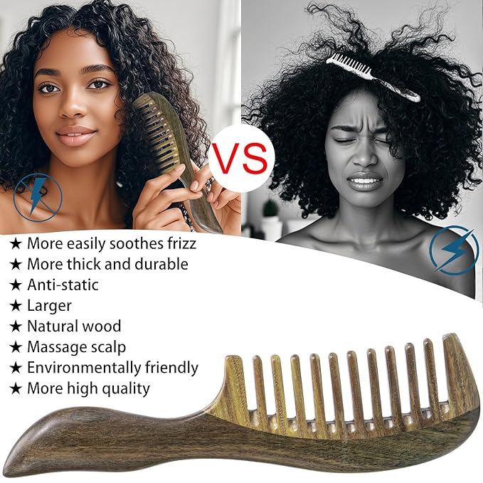 Hair Comb Wooden Wide Tooth Combs for Curly, 2 Pcs Detangling Natural Sandalwood Combs for Women and Men, Detangles Wet or Dry, Thin, Thick, Wavy or Straight Hair, Scalp Massager, Anti-static