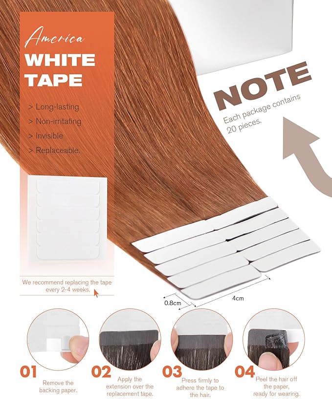 Sunny Hair Copper Tape in Hair Extensions Human Hair Glue in Hair Extensions Straight Tape ins Hair Extensions Copper for Women 50g 20pcs 14inch