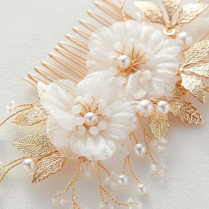 SWEETV Flower Bride Wedding Hair Comb of Fabric Material with Light Weight Pearl and Crystal Accents, Gold Color, 13*6 cm, for Brides Women and Girls Party Prom Gift