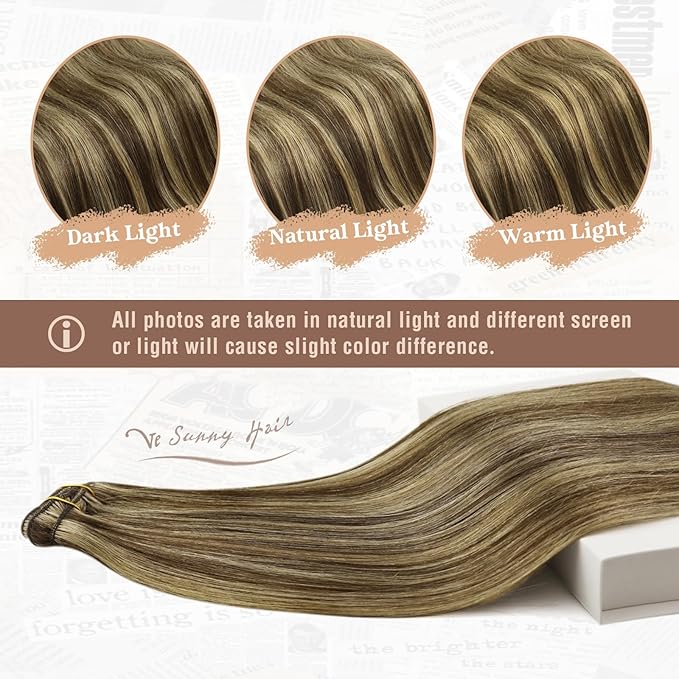 Ve Sunny Clip in Hair Extensions Real Human Hair Highlights Clip on Hair Extensions Dark Brown with Caramel Blonde Highlights Hair Extensions Clip ins for Short Hair Lightweight 5pcs 80g 12inch