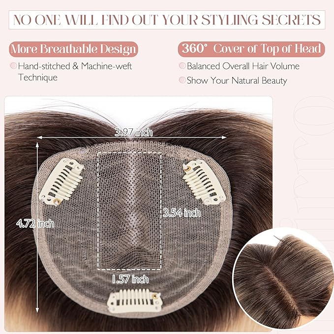 Hairro 100% Human Hair Topper No Bangs, Real Clip in Hair Hairpieces for Women, 3.94x4.72" Silk Base for Thinning Receding High Hairline, 10 Inch Natural Black to Blonde Middle Part