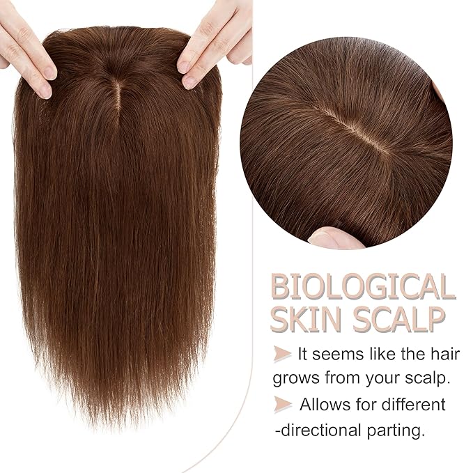 Hair Toppers for Women Real Human Hair With Bangs, 13 * 15 cm Larger Silk Base 150% Density Clip In Topper Hairpieces, Wiglet Top Pieces Add Volume -12 Inch 04 Medium Brown