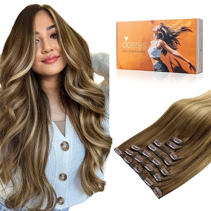 DOORES Human Hair Clip in Extensions, Medium Brown Highlighted Dirty Blonde, 24 Inch 7pcs 120g, Remy Straight Natural Real Hair