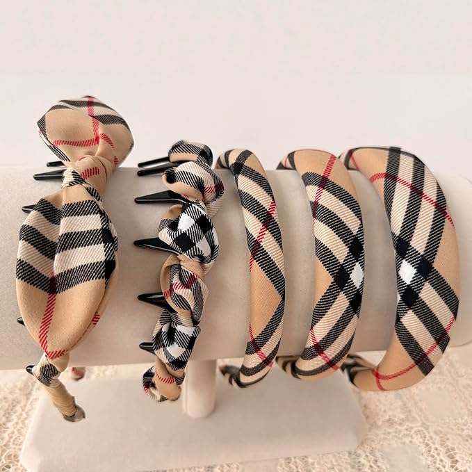 LONEEDY 5PCS Plaid Padded Headband for Women Teen Girls,Vintage Cotton Bow Headbands with Teeth Comb, Zig Zag Hairbands