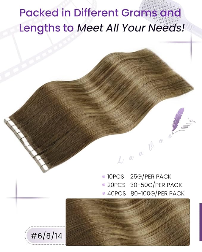 LaaVoo Tape in Human Hair Extensions Ombre Hair Extensions Tape in Medium Brown Balayage Light Brown Mix Golden Brown Tape on Extension Soft Hair 24 Inch 40pcs 100g