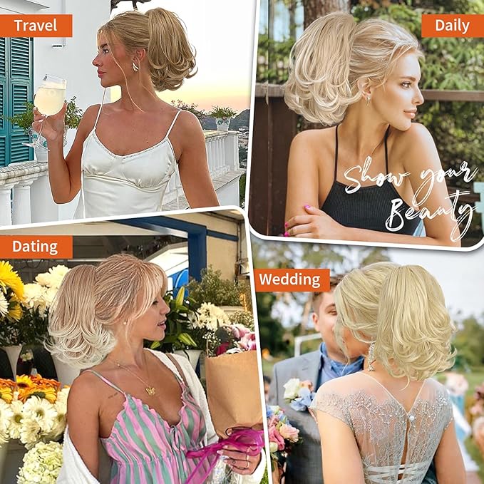 KooKaStyle Ponytail Extension, 10" Short Claw Clip in Pony Tails Hair Extensions Curly Wavy Synthetic Drawstring Hairpieces for Women(Honey Blonde and Dark Blonde Tips)