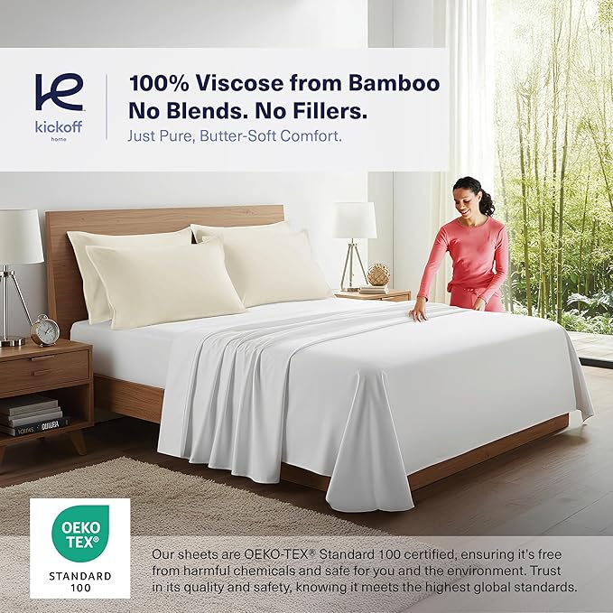 Kickoff Viscose Bamboo Pillowcase, Standard, Set of 2, 100% Organic Hidden Zippered Viscose Bamboo Pillow Case Standard Size, Cooling Pillow Cover for Hot Sleepers (20"x26", Buttercream)