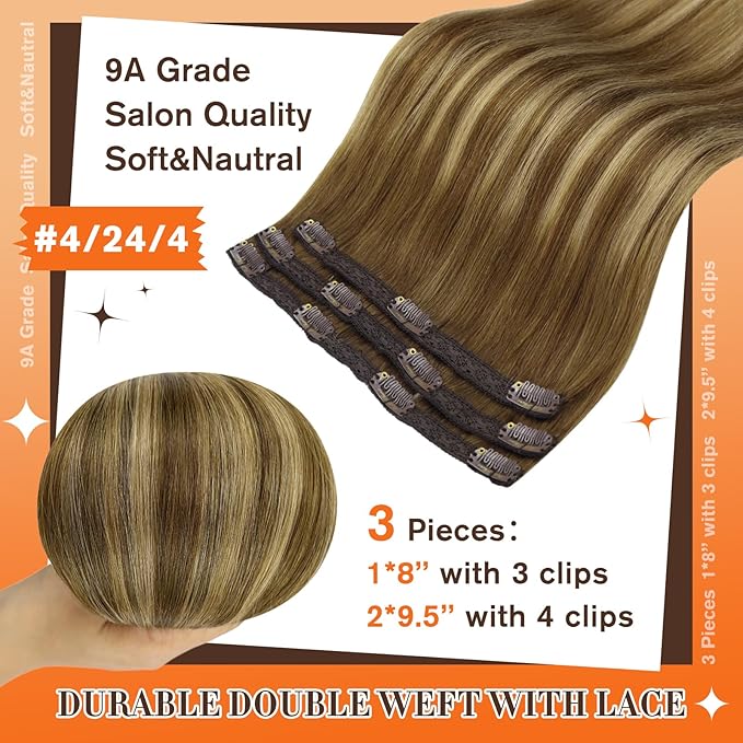 Full Shine Clip in Extensions for Women Human Hair Medium Brown Fading to Blonde and Brown Highlighted Seamless Hair Extensions Clip in Softness 18 Inch 3 PCS 60 G