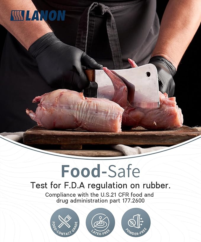 LANON Food Safe Disposable Nitrile Gloves, Latex-Free, Powder-Free, Silicone-Free, Textured Fingertips, Cooking, Black，Medium