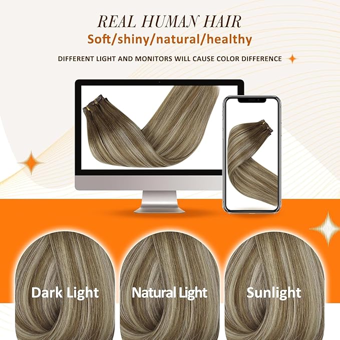 Full Shine Seamless Clip in Hair Extensions Human Hair Brown Balayage Hair Extensions Real Human Hair Brown with Blonde Highlights Softness 18 Inch 8 PCS 120 G