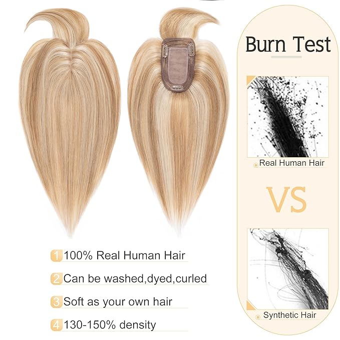 SEGO Hair Toppers for Women Real Human Hair With Bangs, 7 * 13CM Silk Base 100% Remy Human Hair Clip in Top Wiglet Hairpieces Add Volume -14 Inch Golden Brown&Bleach Blonde