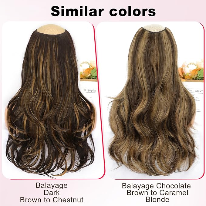 ALXNAN Long Wavy Hair Extensions for Women, Clip in Hair Extensions Clip Ins Soft Full Head Synthetic Hairpieces 20 Inch Balayage Dark Brown to Chestnut Brown