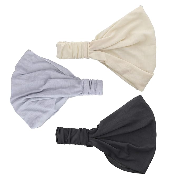 Motique Accessories Set of 3 Wide Cotton Head Band Solid Boho Yoga Style Soft Hairbands Tan Light Grey Dark Grey