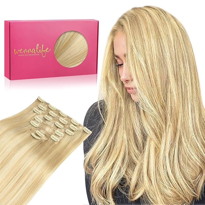 WENNALIFE Clip in Human Hair Extensions, 24 Inch 120g 7pcs Light Blonde Highlighted Golden Blonde Hair Extensions Clip In Human Hair Remy Real Human Hair Double Weft