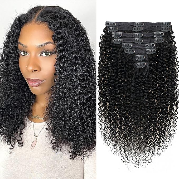Kinky Curly Clip in Extension Human Hair 3c 4a Clip Ins for Women Brazilian Remy Human Hair Extensions #1B Natural Color 8 Pcs with18 Clips 120g/Set (14 inch)