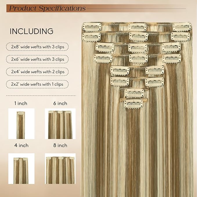 Clip in Hair Extensions Real Human Hair 20Inch 8pcs 105g Seamless Balayage Blonde Hair Extensions Clip Ins Double Weft Light Blonde Highlight Golden Blonde Invisible Straight Remy Human Hair for Women