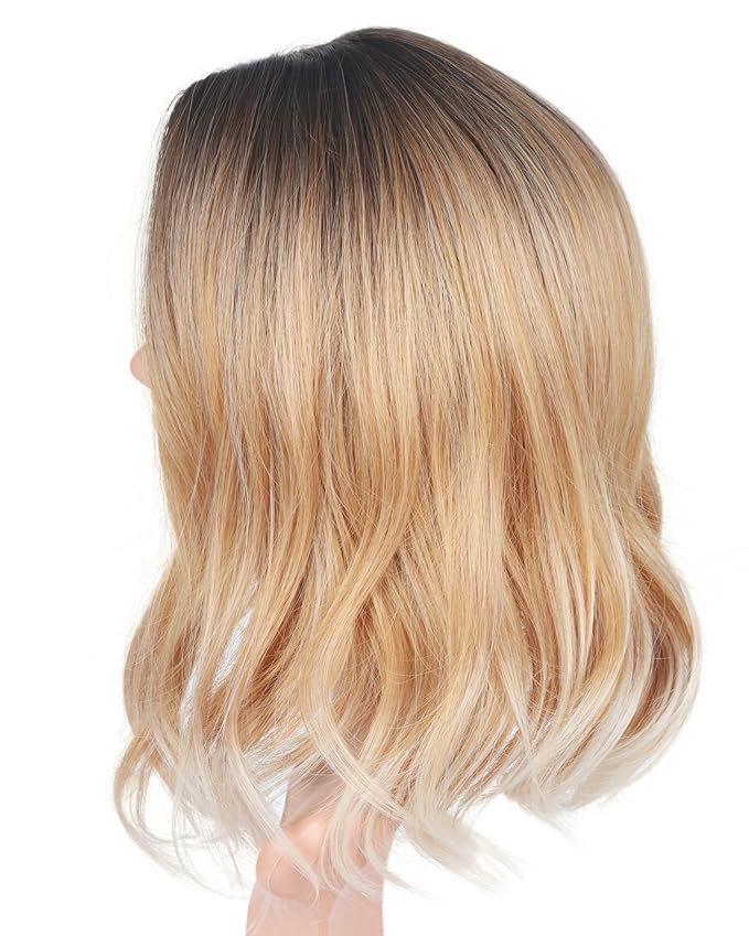 Short Curly Ombre Blonde Bob Hair Wigs For Women Synthetic Middle Part Wig With Brown Roots Party Costume Cosplay Wig (Ombre Blonde-9143)