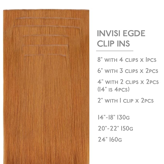 WENNALIFE Invisi Edge Clip in Hair Extensions Real Human Hair, 20 Inch 150g 7pcs Auburn Ginger Seamless Clip in Extensions Remy Hair Clip Ins Invisible Skin Weft Straight Extensiones De Cabello Hmano