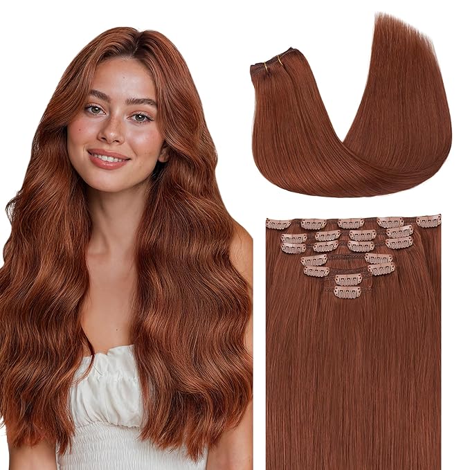GOO GOO Clip in Hair Extensions Real Human Hair, Remy Human Hair Extensions Clip ins for Women, Natural Human Hair, 18inch 120g 7 Pcs, #33B Dark Auburn Copper