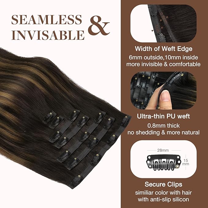 GOO GOO Clip in Hair Extensions Real Human Hair, Remy Human Hair Extensions Clip ins for Women, Natural Human Hair, 24inch 140g 7Pcs, #2/6/2 Balayage Dark Brown to Chestnut Brown