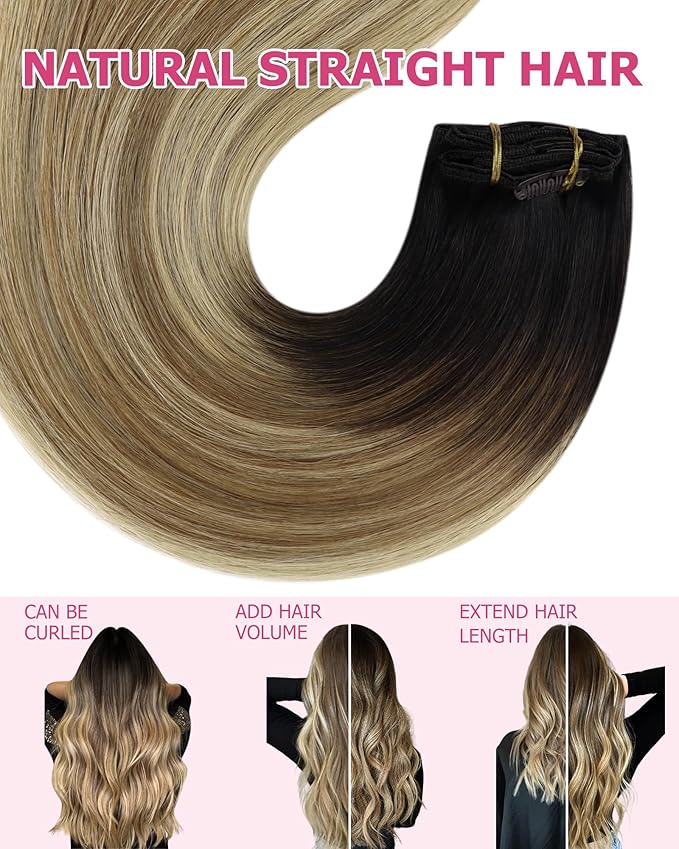 YoungSee Brown Ombre Hair Extensions Clip ins Balayage Human Hair Clip in Extensions Dark Brown Roots Medium Brown Mix Blonde Balayage Clips in Human Hair Extensions for Woman 14inch 120g