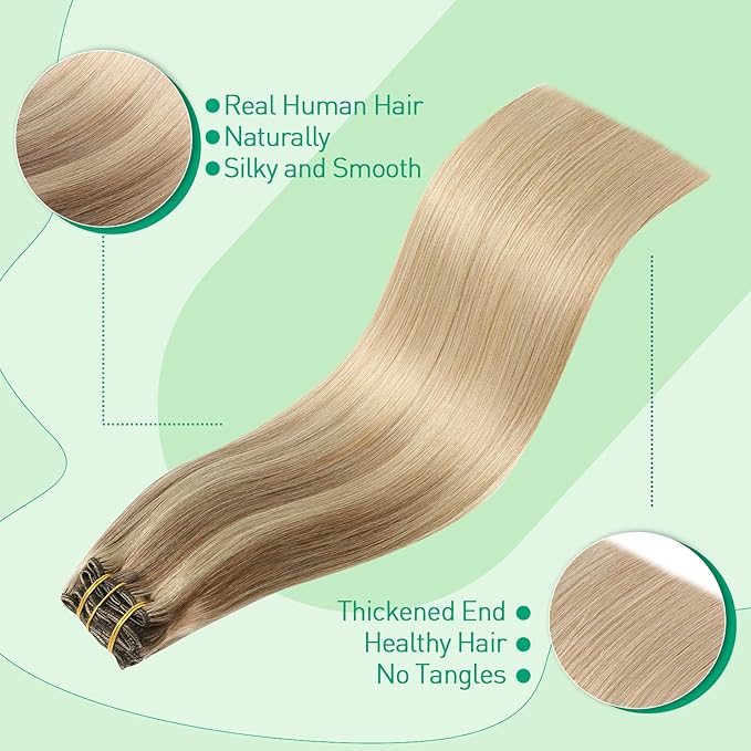 SURNEL Clip in Hair Extensions Real Human Hair Balayage Golden Brown to Caramel Blond Remy Hair Extensions Clip Ins 14 Inch 140g(7pcs #10/27/27-14")