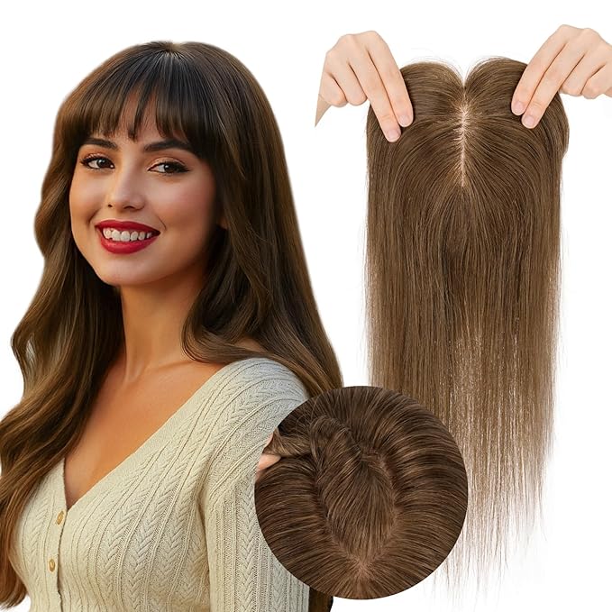 Real Human Hair Toppers for Women 3.54"*4.72" Silky Base 150% Density With Bangs Adjustable Parting Clip-In Topper Hairpieces for Women with Thinning Hair 16 Inches Medium Brown