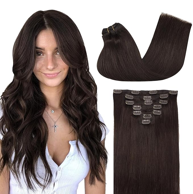 GOO GOO Clip in Hair Extensions Real Human Hair, Remy Human Hair Extensions Clip ins for Women, Natural Human Hair, 24inch 120g 7Pcs, 2A Light Brown