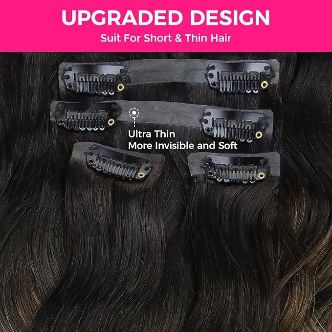 Lashey Seamless Clip in Hair Extensions Human Hair 130g 9pcs 14 Inch Body Wave Natural Black Mixed Chestnut Brown Clip in Hair Extensions for Women