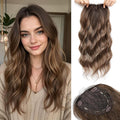 Hair Topper, 360° 3D Hair Toppers for Women with Thinning Crown, 20 Inch Long Wavy Curly Hair Pieces Clip in Bangs (Highlights Light Brown Mix Blonde with Brown Root, 20 inch, Side Bangs)