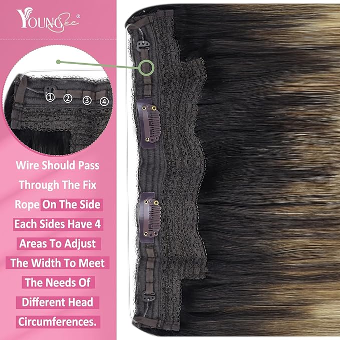 YoungSee 120G Wire Hair Extensions Dark Brown Ombre Medium Brown with Blonde Wire Hair Extensions Human Hair Balayage One Piece Hair Extension Real Human Hair for Women 18Inch