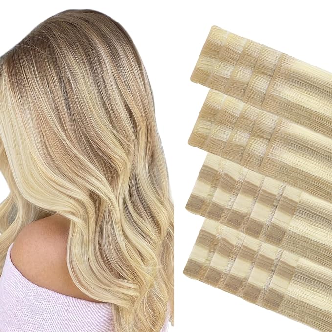 GOO GOO Invisi Edge Tape in Hair Extensions Human Hair, 18A/613A Dark Blonde Highlighted Bleach Blonde 10pcs injected with 10pcs classical tape ins, 24inch 50g, Virgin Remy Hair, Natural Look