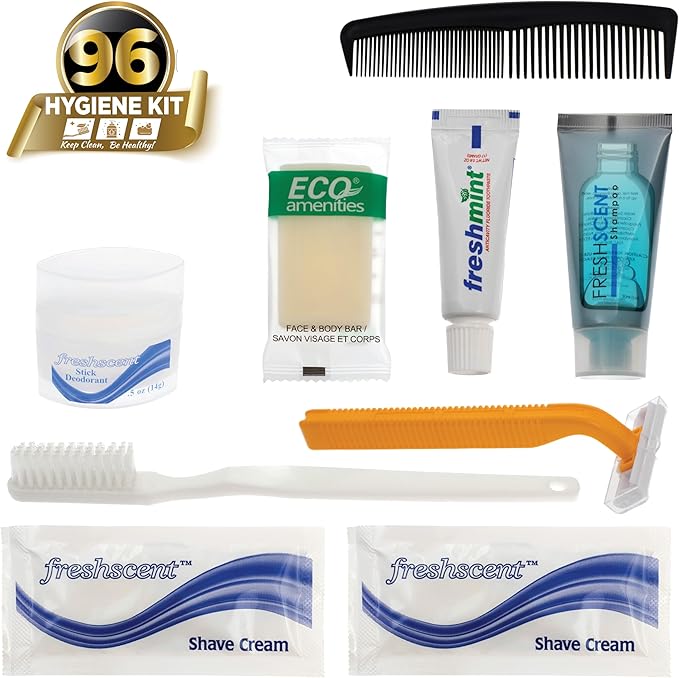 Moda West 96 Kits - Bulk Case of Wholesale Deluxe Toiletries for Men, Women, Travel, Charity, Homeless Shelters, 96 Disposable Hygiene Kits, Perfect for Hotels, Emergency Prep, and Donations
