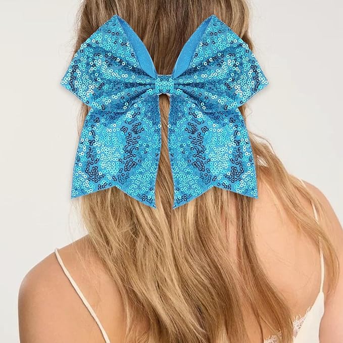 Large Glitter Cheer Bows Clips, Jumbo Big 7 Inch Cheerleading Sequin Hair Bow Hair Accessories for Teens Girls Football Sports Cheerleader Outfit Uniform (Blue)