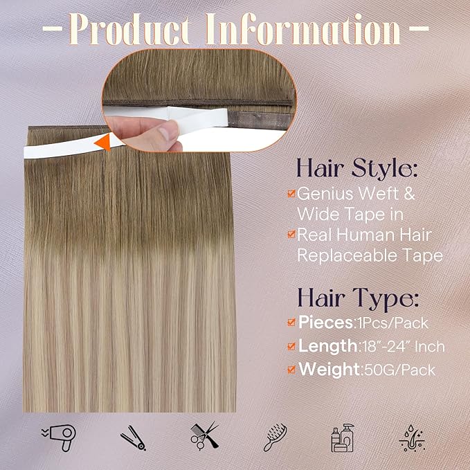 Full Shine Tape in Hair Extensions Human Hair Genius Weft Hair Extensions for Women 22 Inch Color 8 Ash Brown Ombre 60 Blonde And 18 Dark Ash BLonde Tape in Extensions 50G A Piece Full Head
