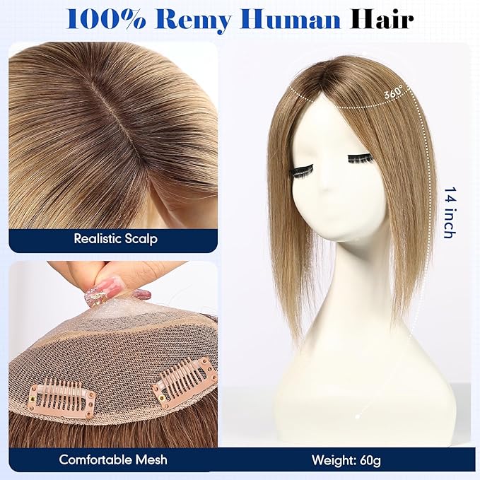 HAIRCUBE Hair Toppers For Women With Thinning 5"*5" Large Base Real Hair Toppers For Women, 14 Inch For Hand-Woven, 60g, Silk, Natural, realistic, Use Daily, Hairloss, Ombre Light Brown, No Bangs