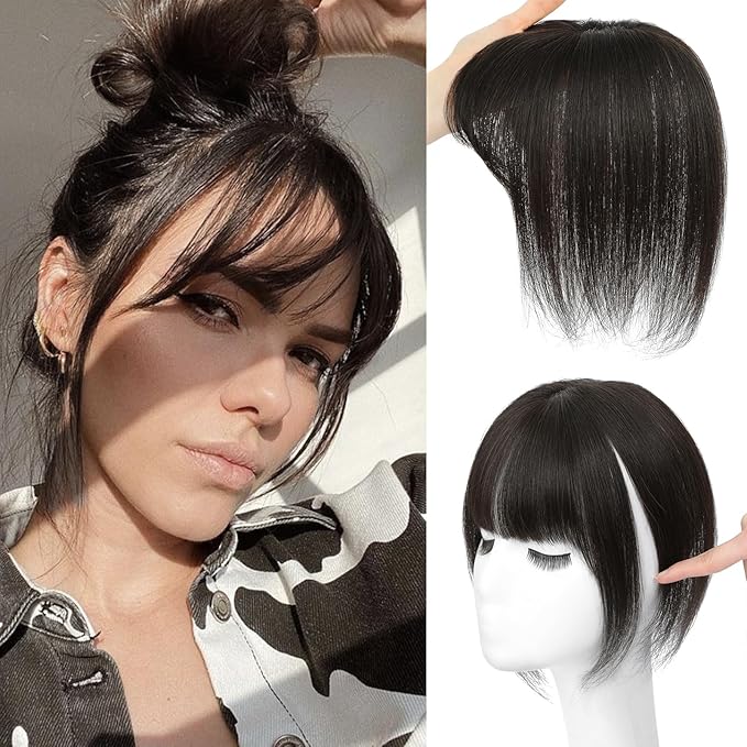 NAYOO Hair Toppers for Women Real Human Hair, 360° Cover Clips in Full Fringe Fake Bangs Hair Pieces for Women Girls Daily Wear(Brown Black)
