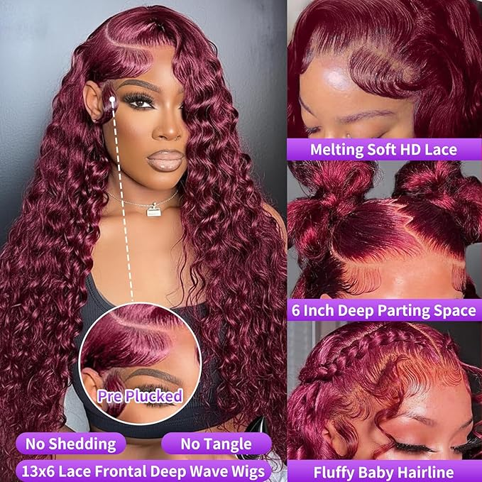 34 Inch 99J Burgundy Lace Front Wigs Human Hair Deep Wave 13x6 HD Lace Front Wigs Pre Plucked with Baby Hair Wet and Wavy Human Hair Wig 200% Density Deep Curly Frontal Wigs for Black Women