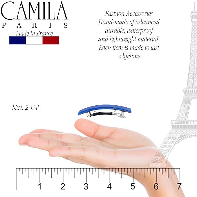 Camila Paris CP3042 French Hair Barrette Clip for Girls, Set of 2 Blue Rubberized Metal Clasp Strong Hold Grip Hair Clips for Women, No Slip Durable Styling Girls Hair Accessories, Made in France