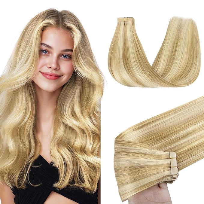GOO GOO Tape in Hair Extensions Human Hair, 18D/22F Dirty Blonde Highlights, 10inch 30g 20pcs, Skin Weft Seamless Invisible, Silky Straight with Thick Ends, Remy Human Hair