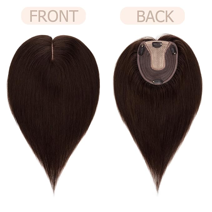 Hair Toppers for Women Real Human Hair No Bangs, 13 * 15 cm Larger Silk Base 150% Density Clip In Topper Hairpieces, Wiglet Top Pieces Add Volume -14 Inch 02 Dark Brown
