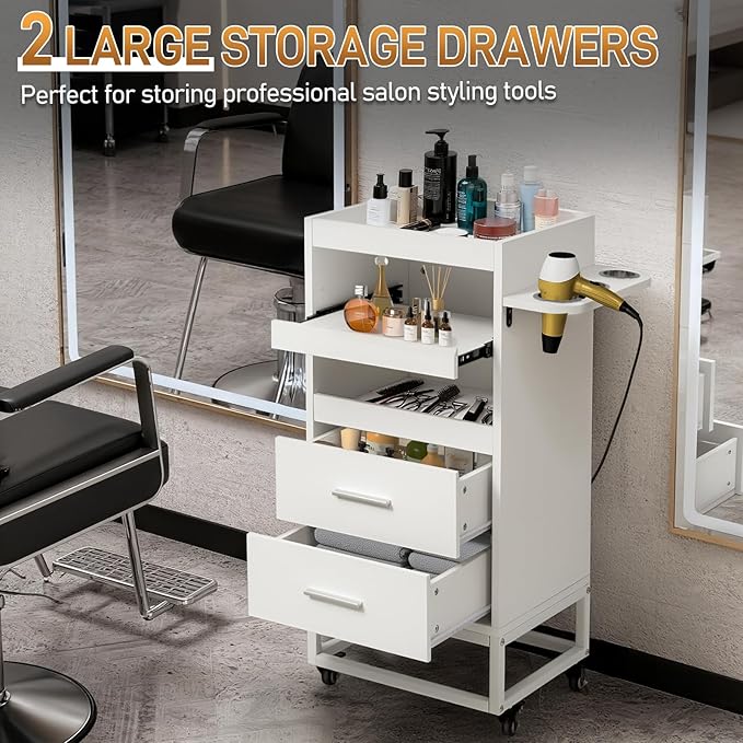 Winado Beauty Salon Trolley Cart, Rolling Hair Cart with Lockable Wheels, 2 Drawers, 3 Tool Holders, Mobile Makeup Organizer Station Cabinet for Hair Stylist Beauty Spa Barbershop, White